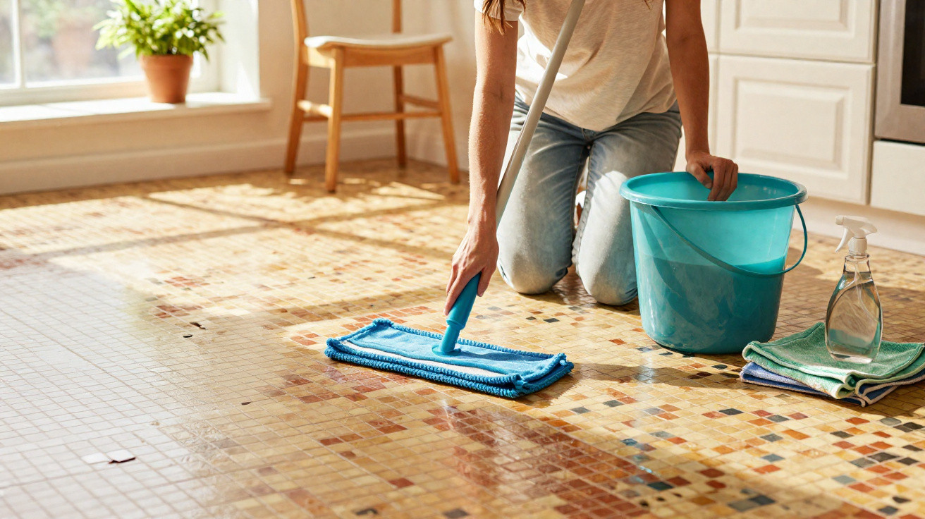 Pessoa a limpar chão de mosaico com esfregona azul e balde no chão numa divisão iluminada pela luz natural.