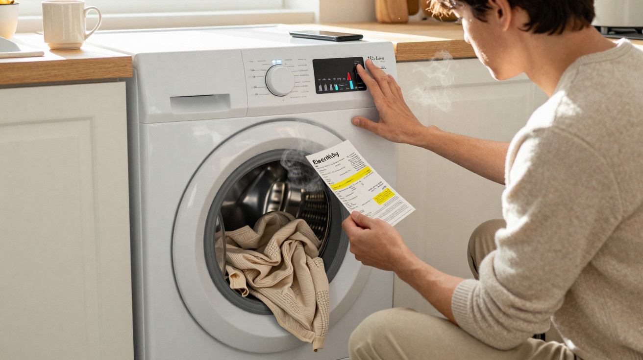 Pessoa a programar máquina de lavar roupa enquanto segura conta de eletricidade numa cozinha.