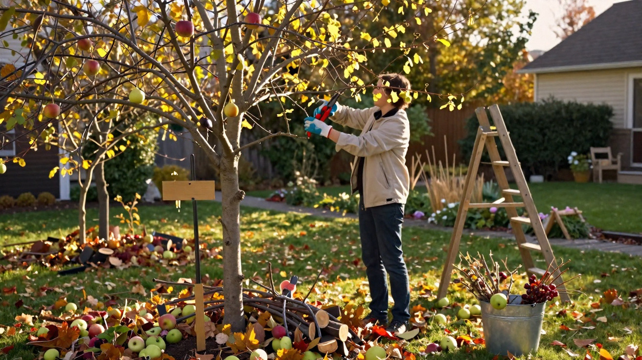 Pessoa a podar uma árvore de fruto num jardim com folhas caídas e frutos no chão durante o outono.