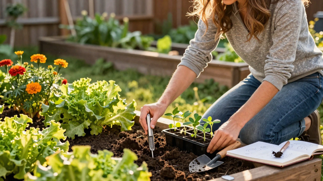 Pessoa a plantar mudas numa horta urbana com alfaces, flores e um caderno de anotações ao lado.