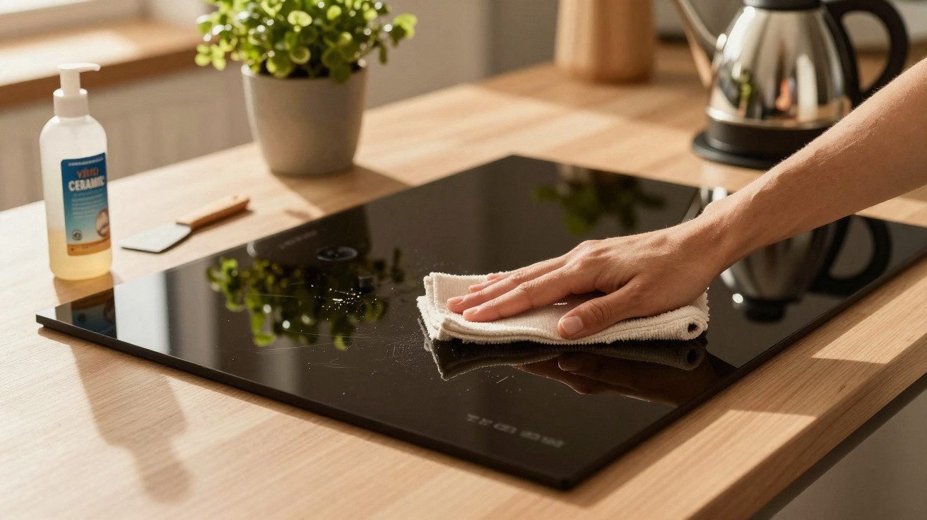 Mão a limpar placa vitrocerâmica preta numa cozinha com pano branco e detergente ao lado.