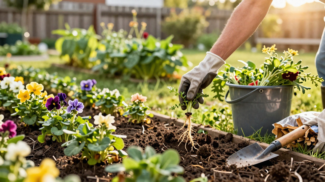 Pessoa de luvas a plantar flores num canteiro de jardim com pá e balde ao lado.