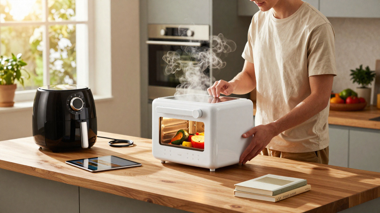 Homem a cozinhar legumes num mini forno branco numa cozinha moderna com fritadeira e tablet na bancada.
