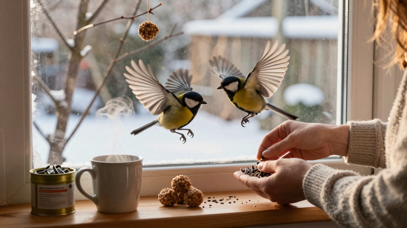 Duas aves voando perto de uma janela enquanto uma pessoa lhes oferece sementes na mão, com neve no exterior.