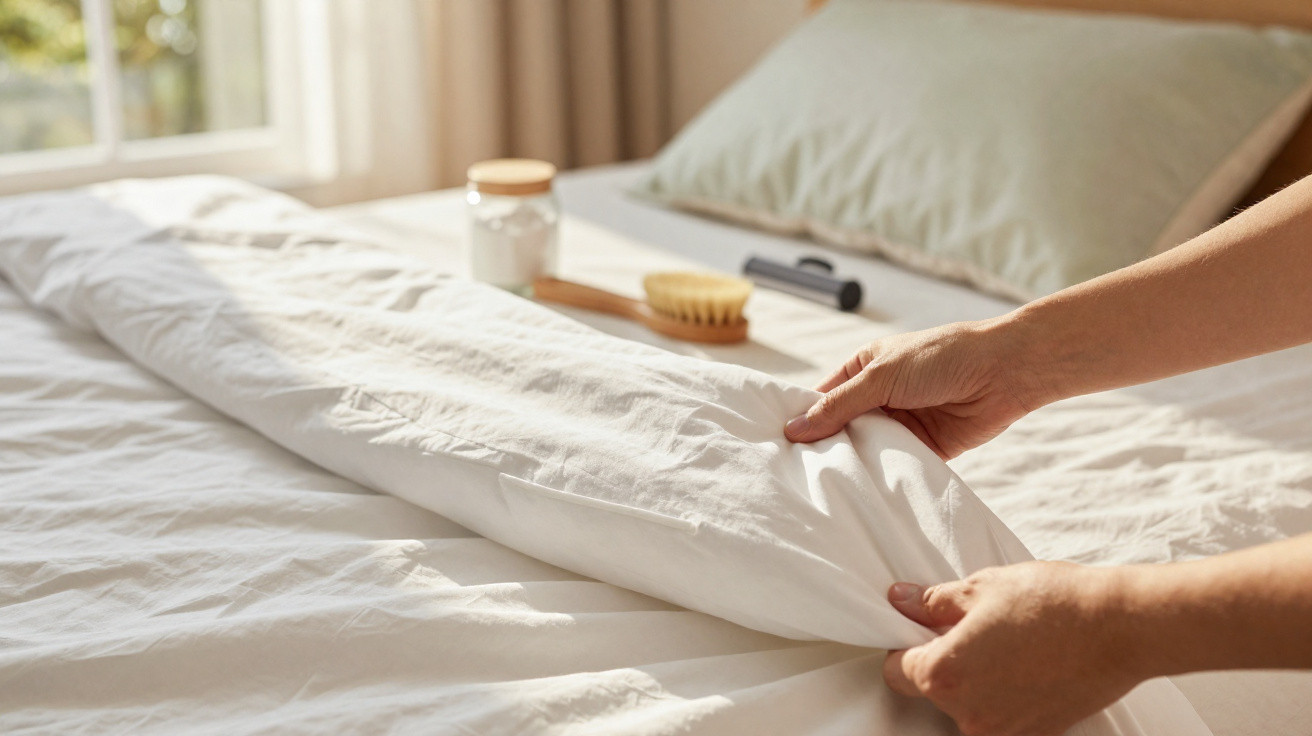Mãos a arrumar lençóis brancos numa cama com almofada cinza e objetos de higiene no fundo.
