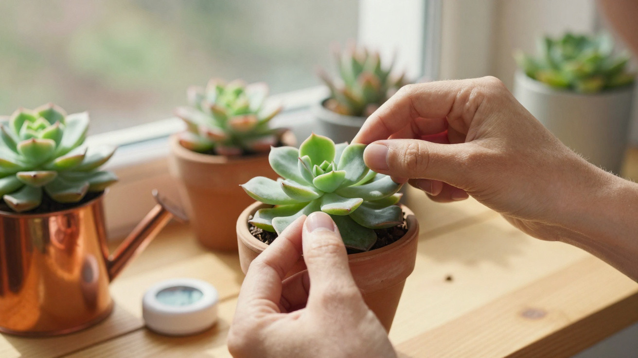 Mãos a cuidar de suculenta num vaso de barro junto a várias plantas numa janela iluminada natural.