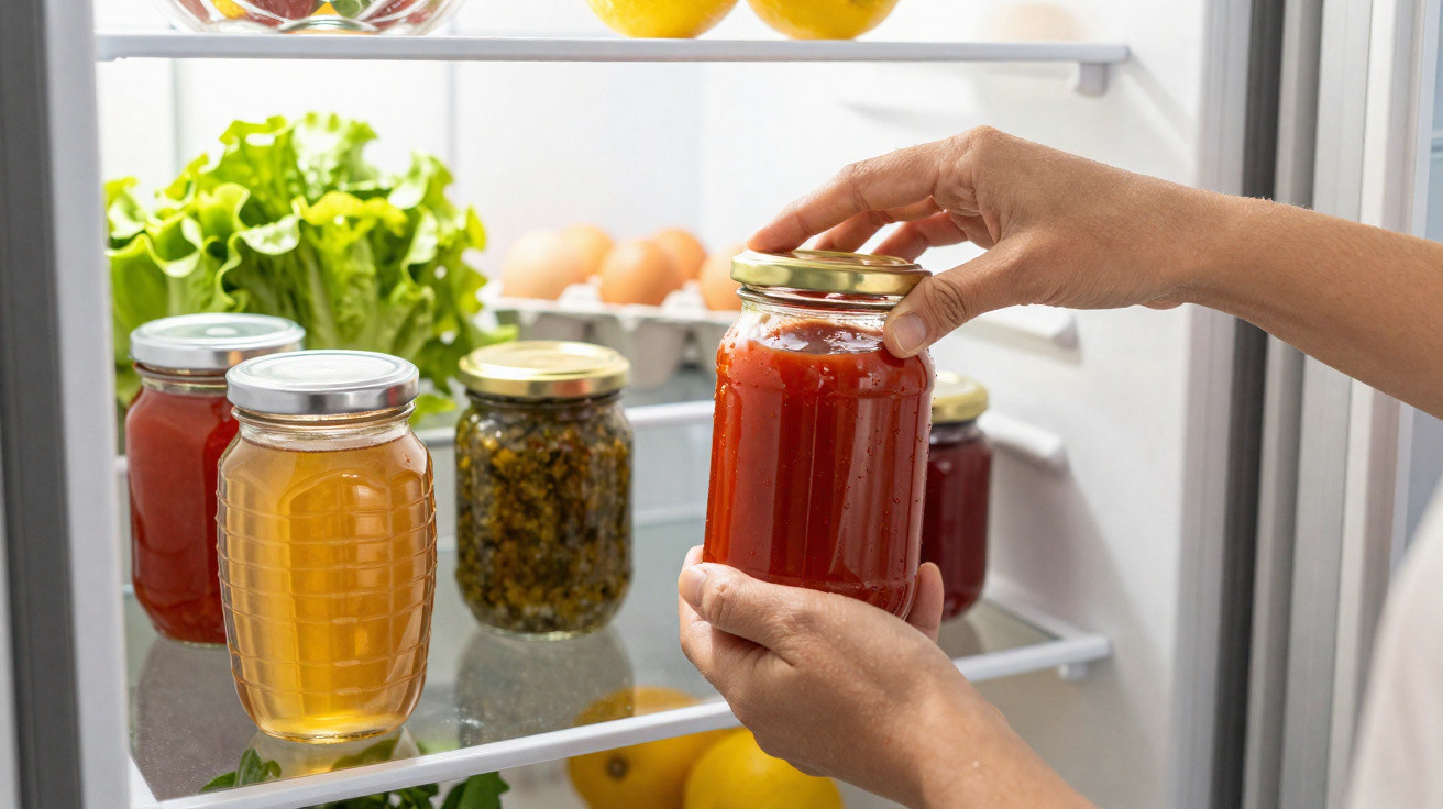 Mãos a guardar um frasco de compota vermelha na prateleira de um frigorífico com outros frascos, ovos e legumes.