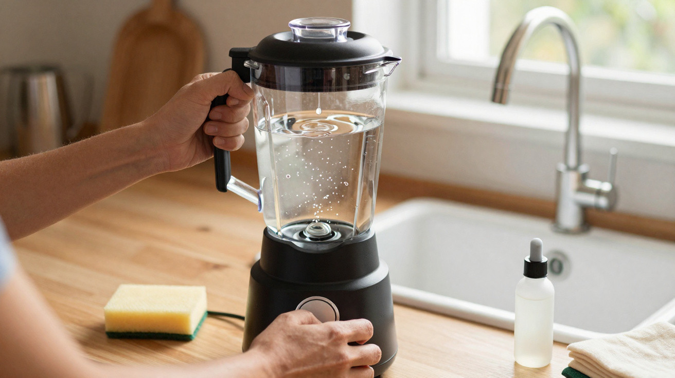 Pessoa usando uma liquidificadora preta com jarro cheio de água numa cozinha iluminada com janela ao fundo.