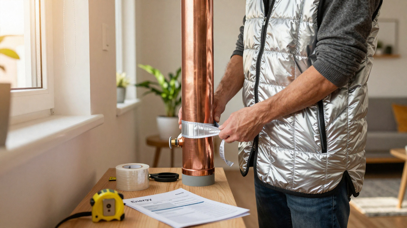 Pessoa a medir diâmetro de tubo de cobre para instalação doméstica numa mesa com ferramentas.