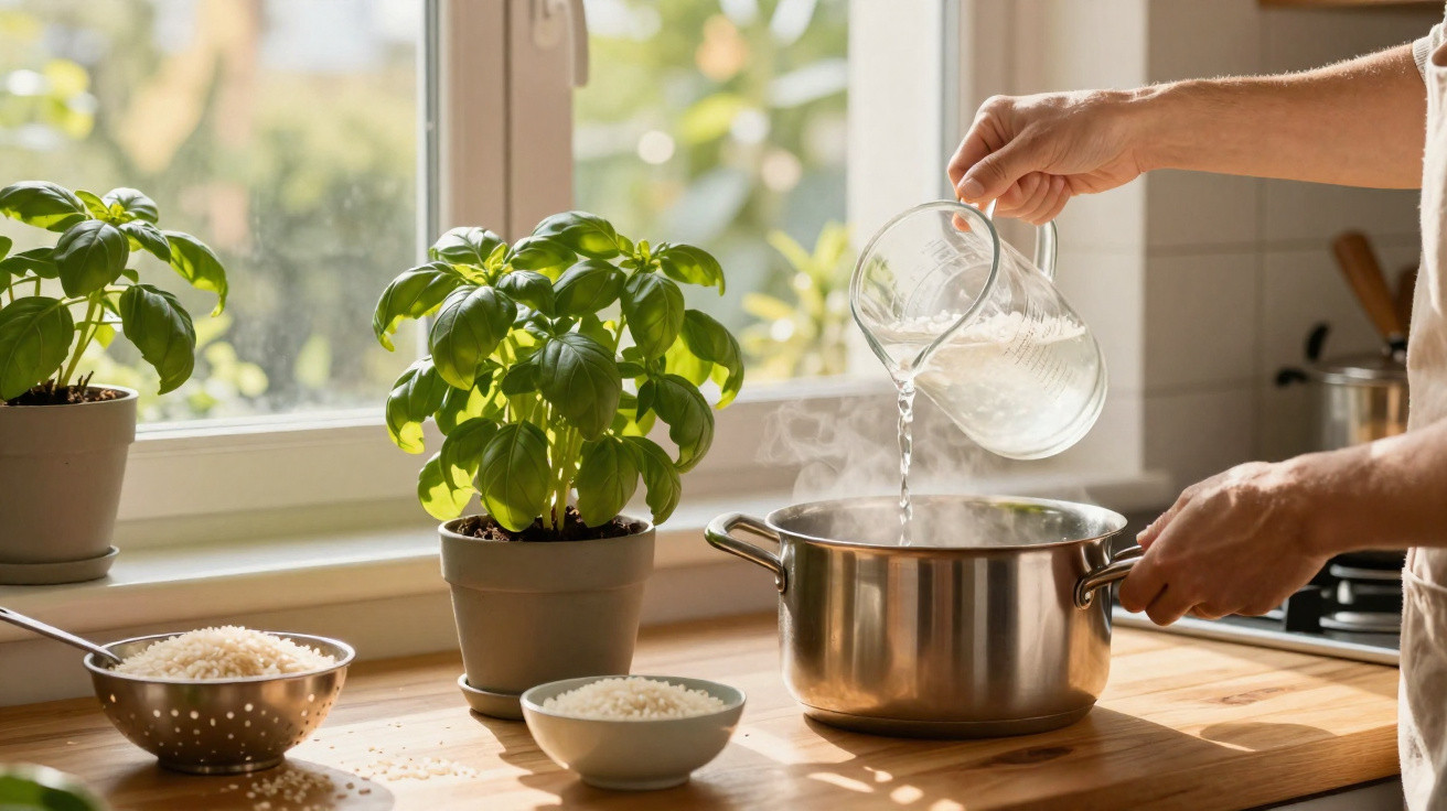 Pessoa a verter água numa panela de inox enquanto cozinha, com plantas aromáticas e arroz na bancada da cozinha.