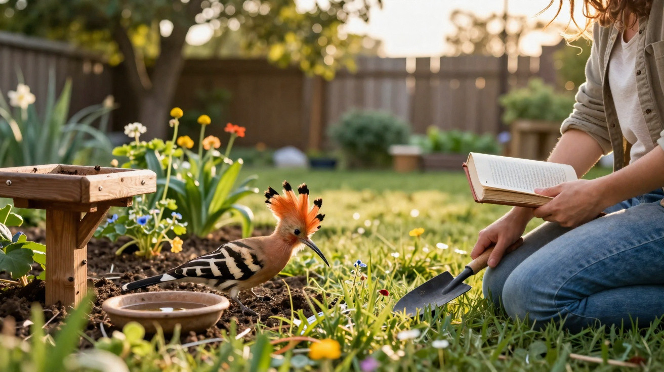 Pessoa sentada a ler livro no jardim, com pá e pássaro colorido em destaque no solo.