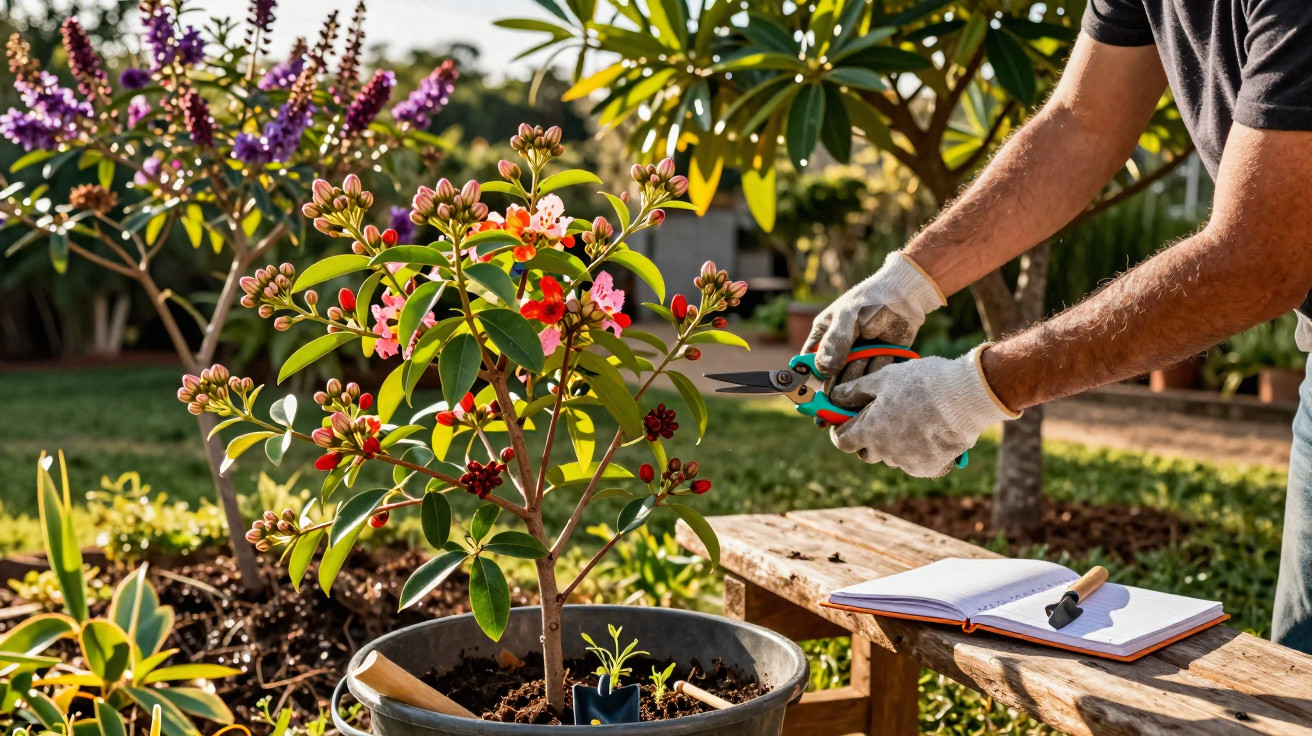 Pessoa a podar planta com flores vermelhas e cor-de-rosa num vaso, ao ar livre num jardim ensolarado.