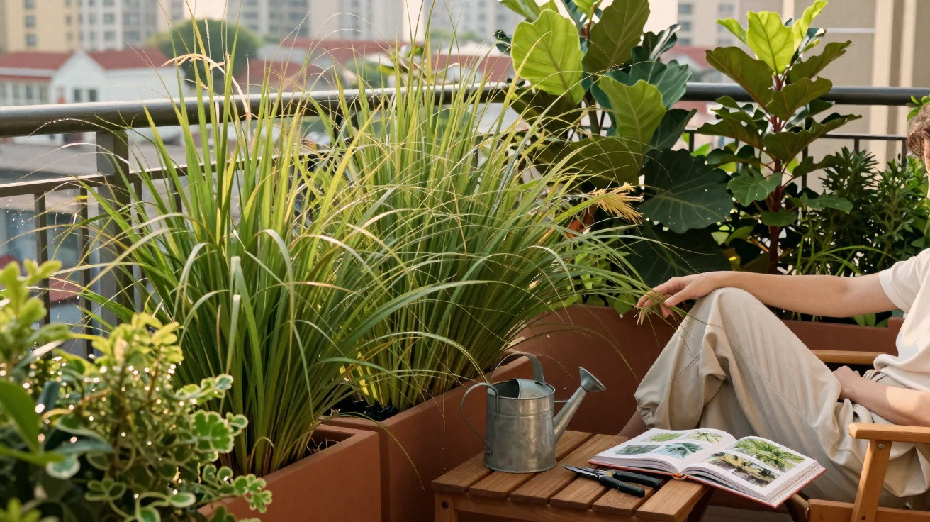 Pessoa sentada numa varanda rodeada de plantas, com livro aberto e regador numa mesa de madeira.