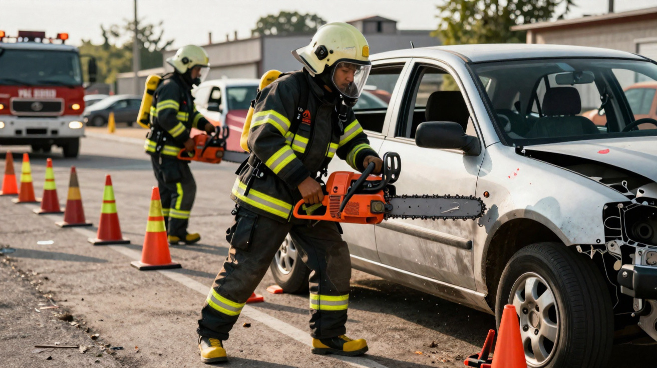 Bombeiros em equipamento de proteção manipulam motosserras para intervenção num carro acidentado na estrada.