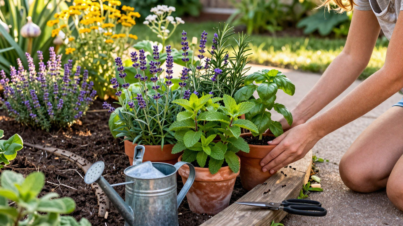 Pessoa a arranjar vasos de plantas aromáticas num jardim com regador e tesoura ao lado.