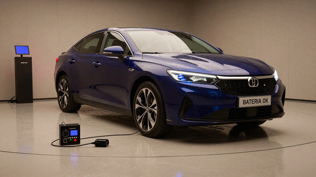 Carro elétrico azul conectado a carregador com placa "BATERIA OK" em sala com chão e paredes claras.