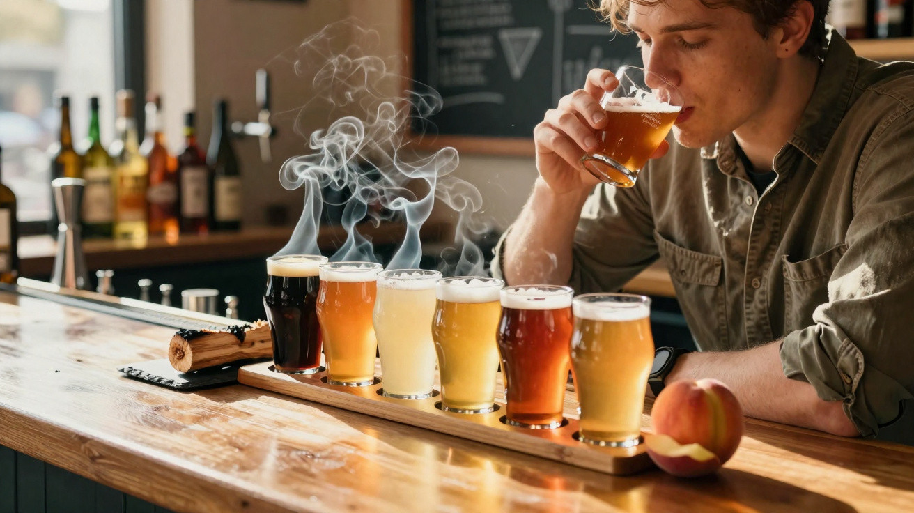 Homem a provar diversas cervejas artesanais servidas em copos pequenos num bar.
