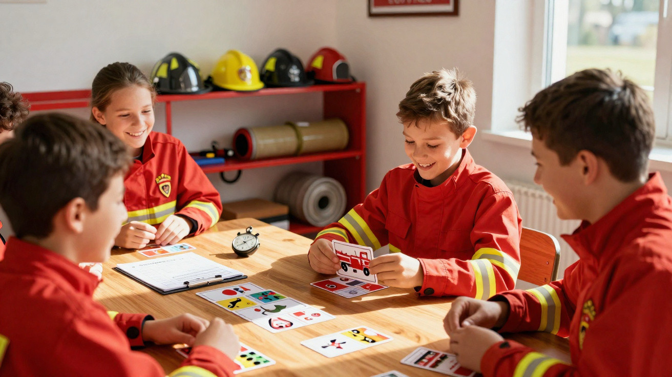 Crianças vestidas de bombeiros sentadas à mesa a jogar com cartas e sorrir numa sala com capacetes e equipamentos.