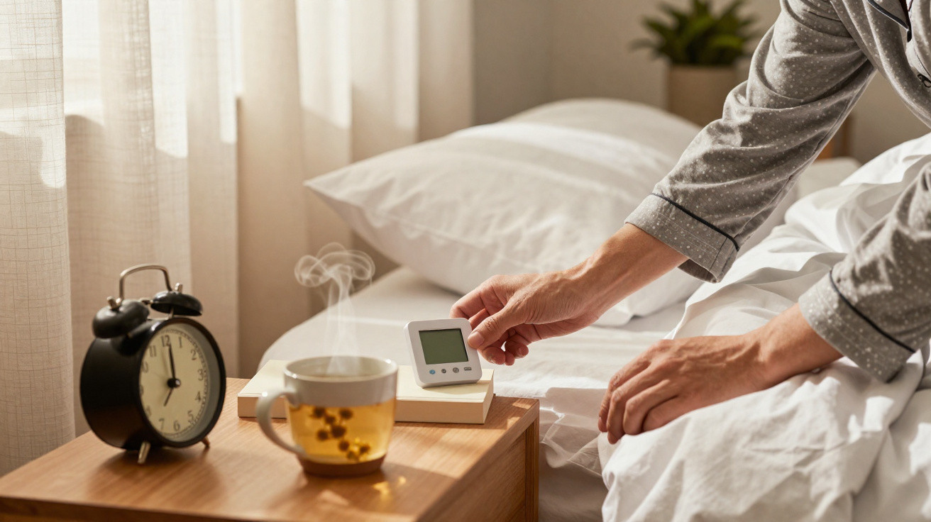 Mãos em pijama a desligar um despertador digital na mesa de cabeceira com chá quente e um relógio analógico.