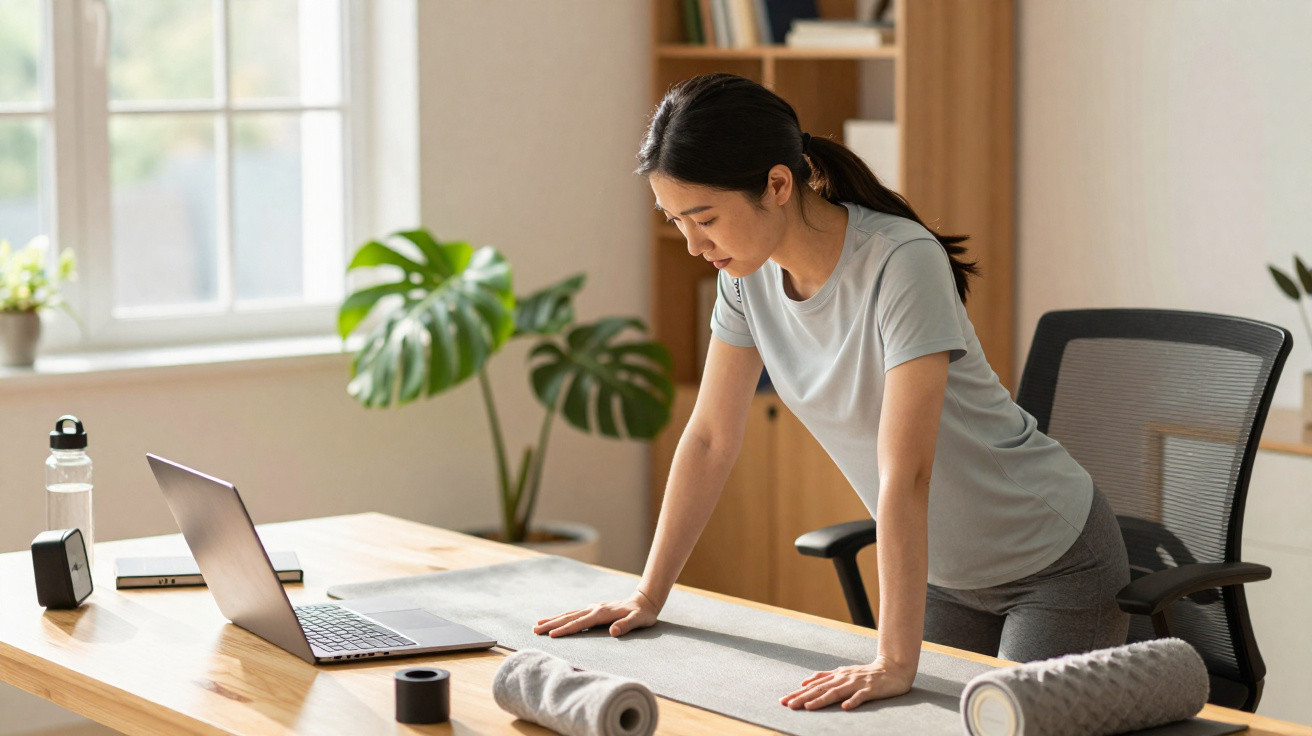 Mulher a fazer exercícios de alongamento ao lado de mesa com computador e acessórios de fitness.