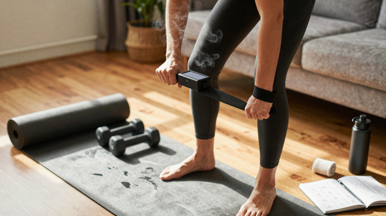 Pessoa a usar rolo de massagem vibratório nas pernas numa sala de estar com tapete e halteres.