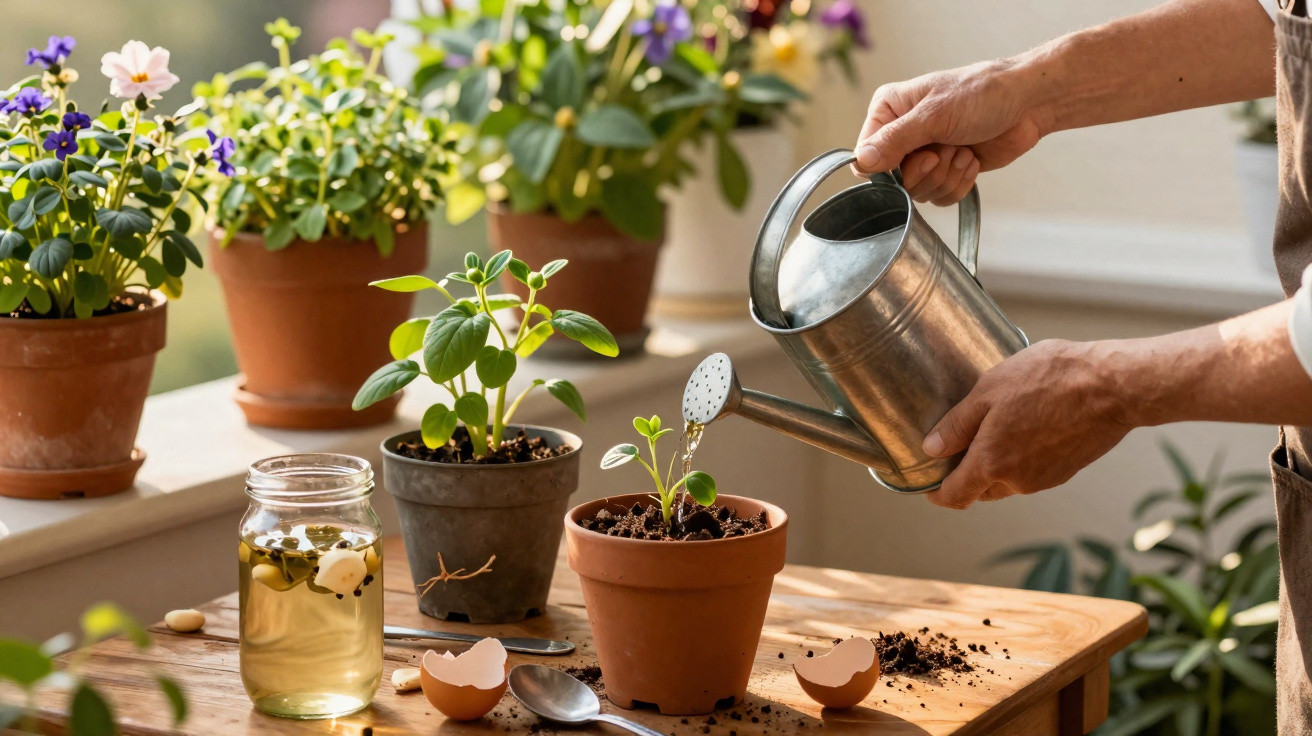 Pessoa a regar planta jovem em vaso de barro numa mesa com terra, jarro, cascas de ovo e outras plantas.