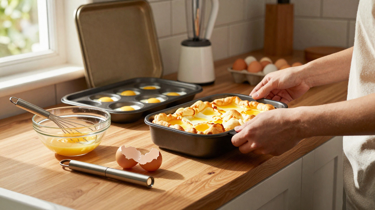 Pessoa a retirar do forno uma tarte de ovos numa cozinha com utensílios e ingredientes ao fundo.