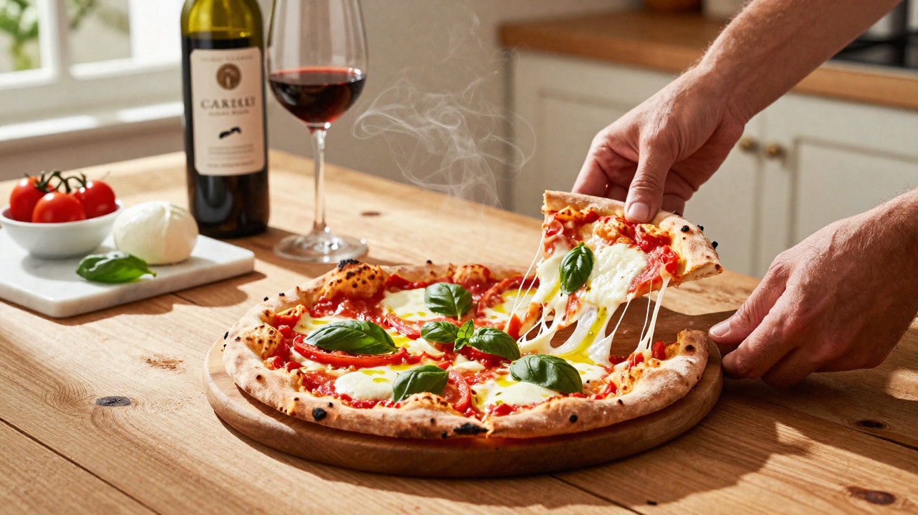 Pessoa a levantar uma fatia de pizza margherita fumegante com manjericão fresco numa mesa de madeira.