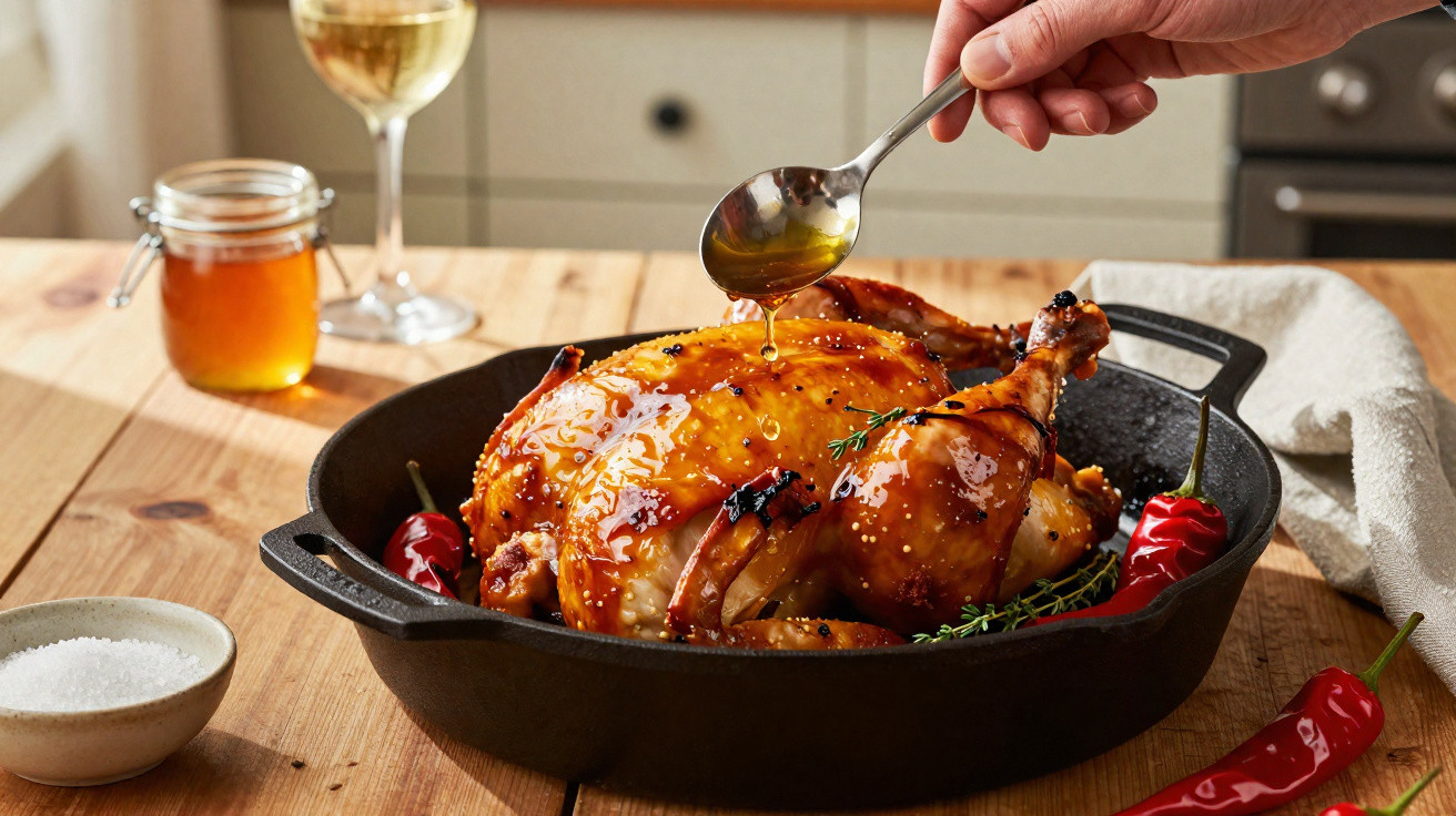 Frango assado na frigideira com molho a ser derramado por colher, rodeado por malaguetas vermelhas e temperos.