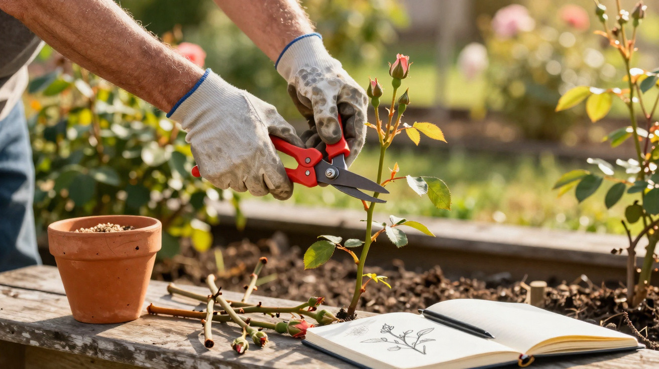 Pessoa a podar uma planta de roseira com tesoura de poda, luvas e caderno de desenhos ao lado.