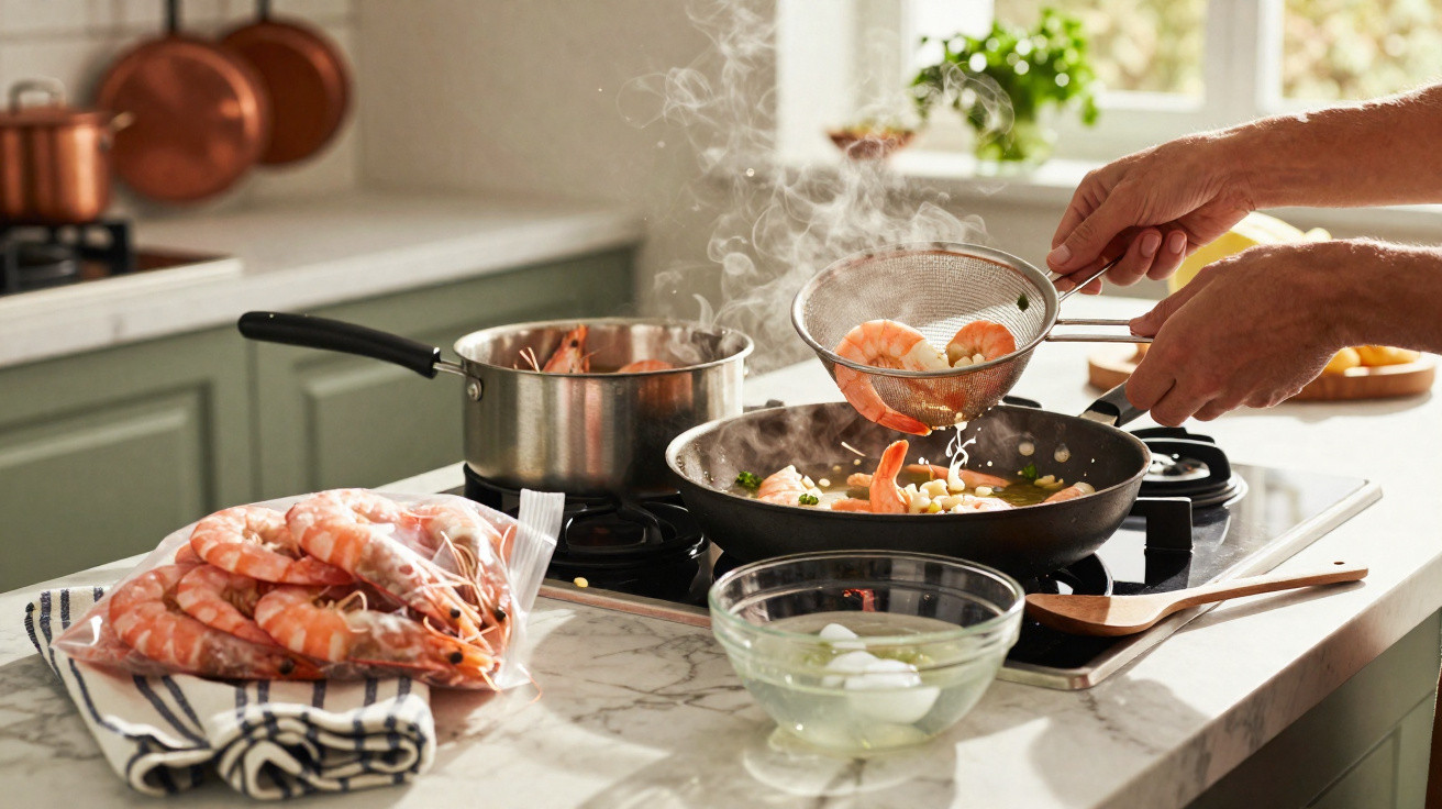 Mãos a cozinhar camarões numa frigideira com vapor, com camarões frescos e tacho ao fundo na cozinha.