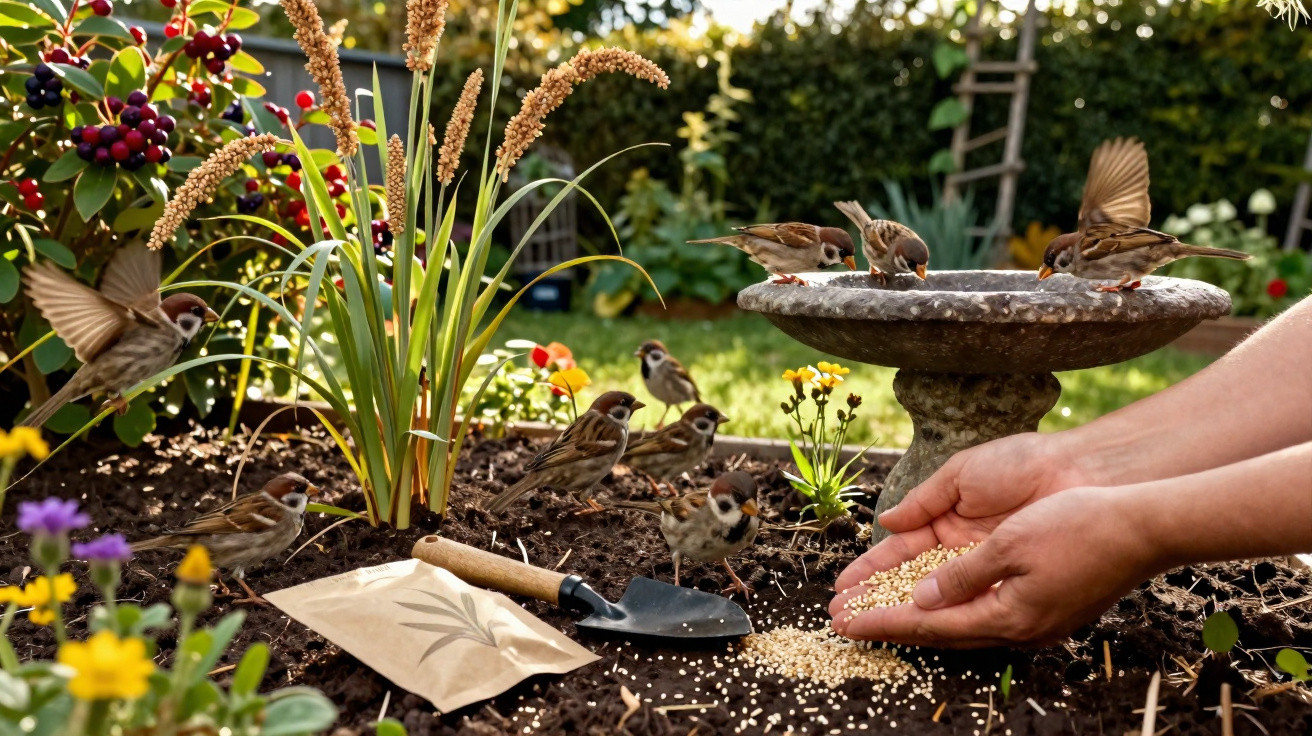 Mãos a alimentar pequenos pardais num jardim com flores, terra e um bebedouro de pedra ao entardecer.