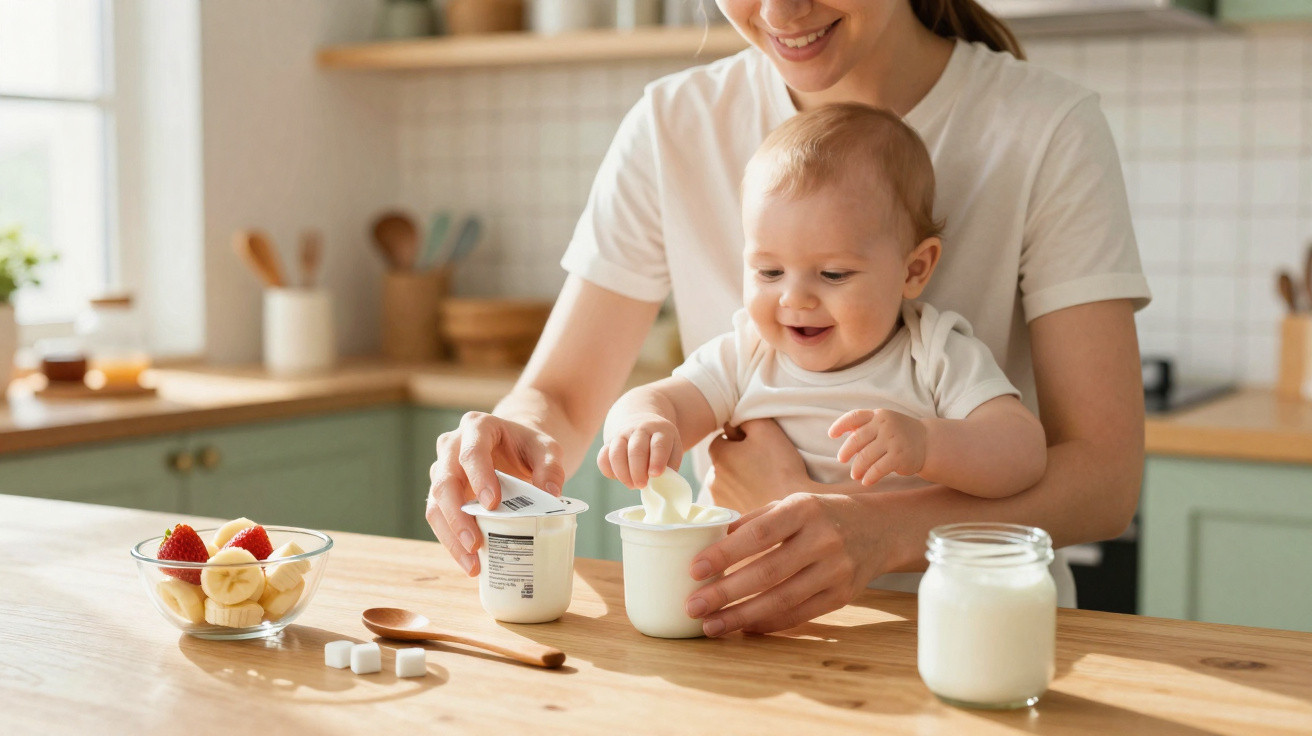 Bebé sorridente com a mãe a segurar iogurte na cozinha luminosa e acolhedora.