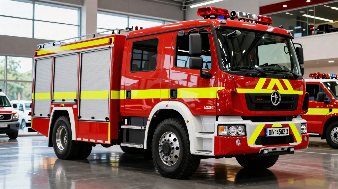 Camião de bombeiros vermelho com faixas amarelas estacionado num interior de garagem.
