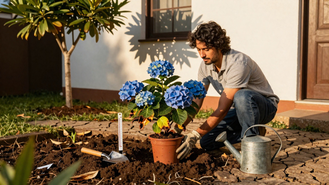 Homem a plantar uma flor azul num vaso no jardim junto a uma regadeira metálica e uma pá.