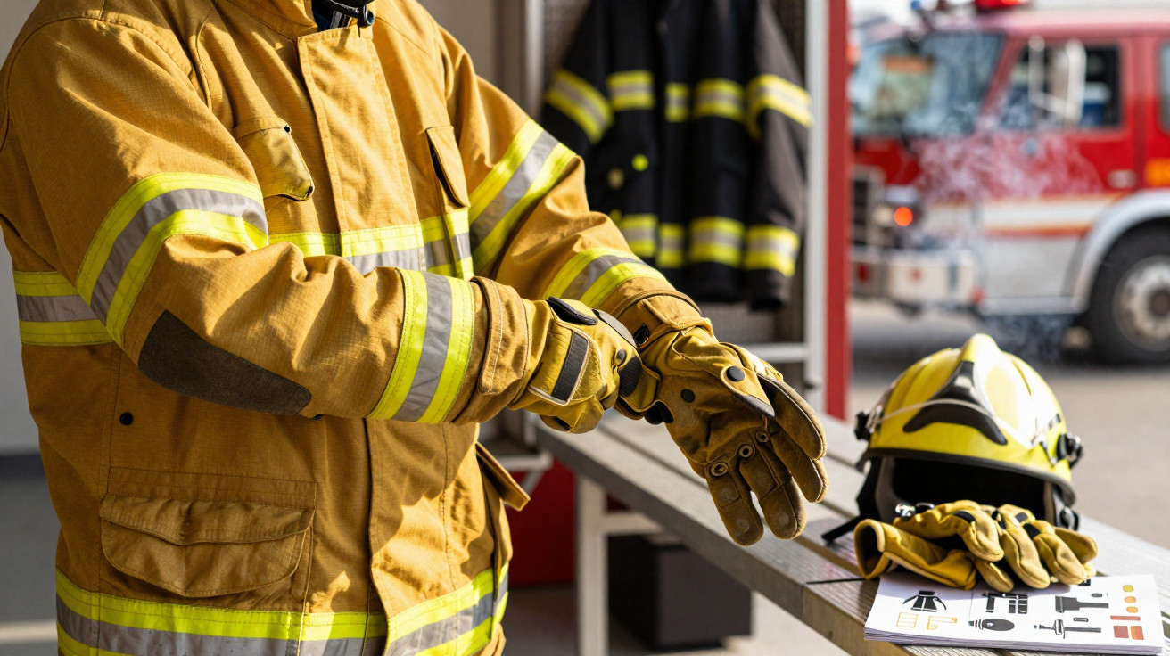Bombeiro a vestir luvas de proteção junto a capacete, luvas e camião de bombeiros no fundo.
