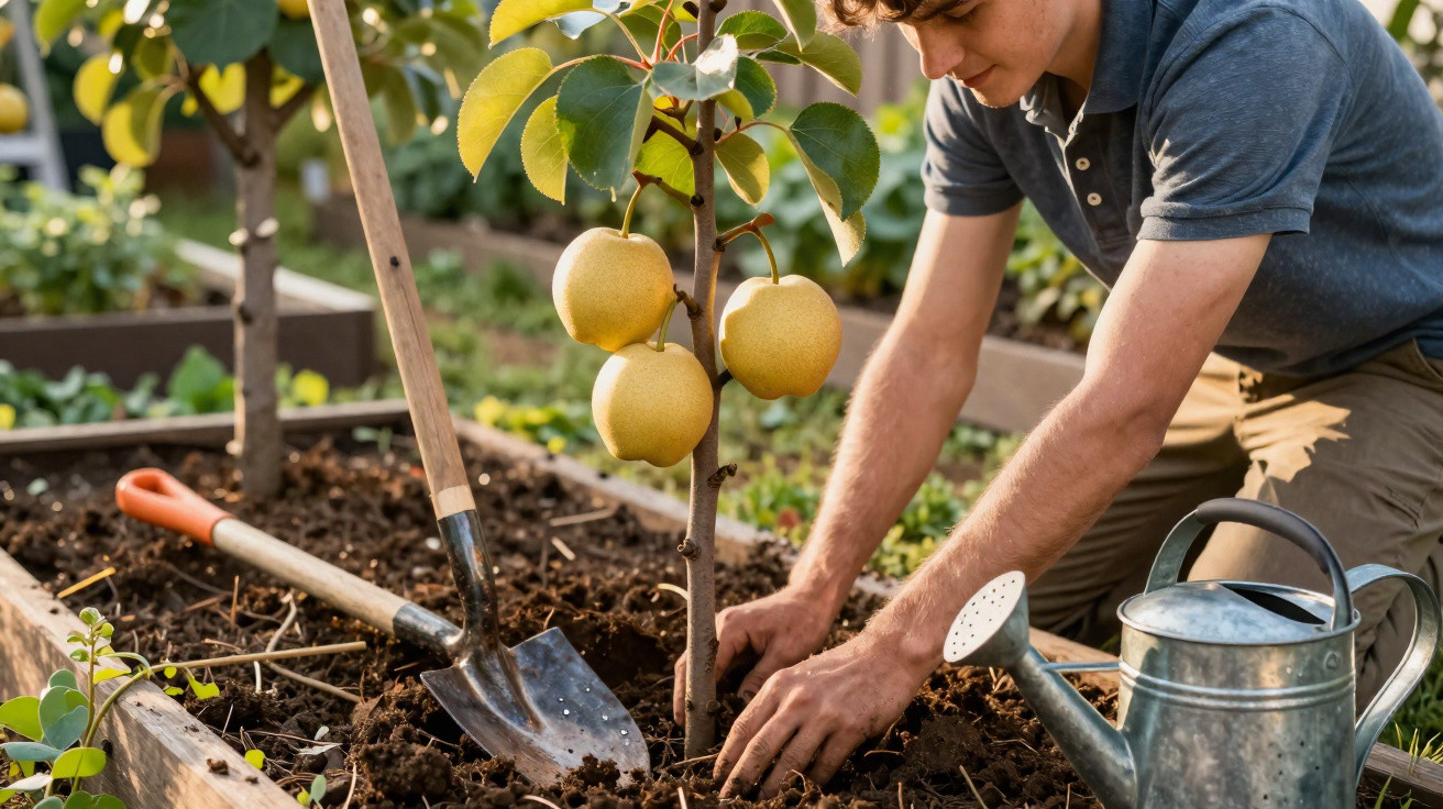 Pessoa a plantar uma árvore de fruto numa horta com ferramentas de jardinagem e regador ao lado.