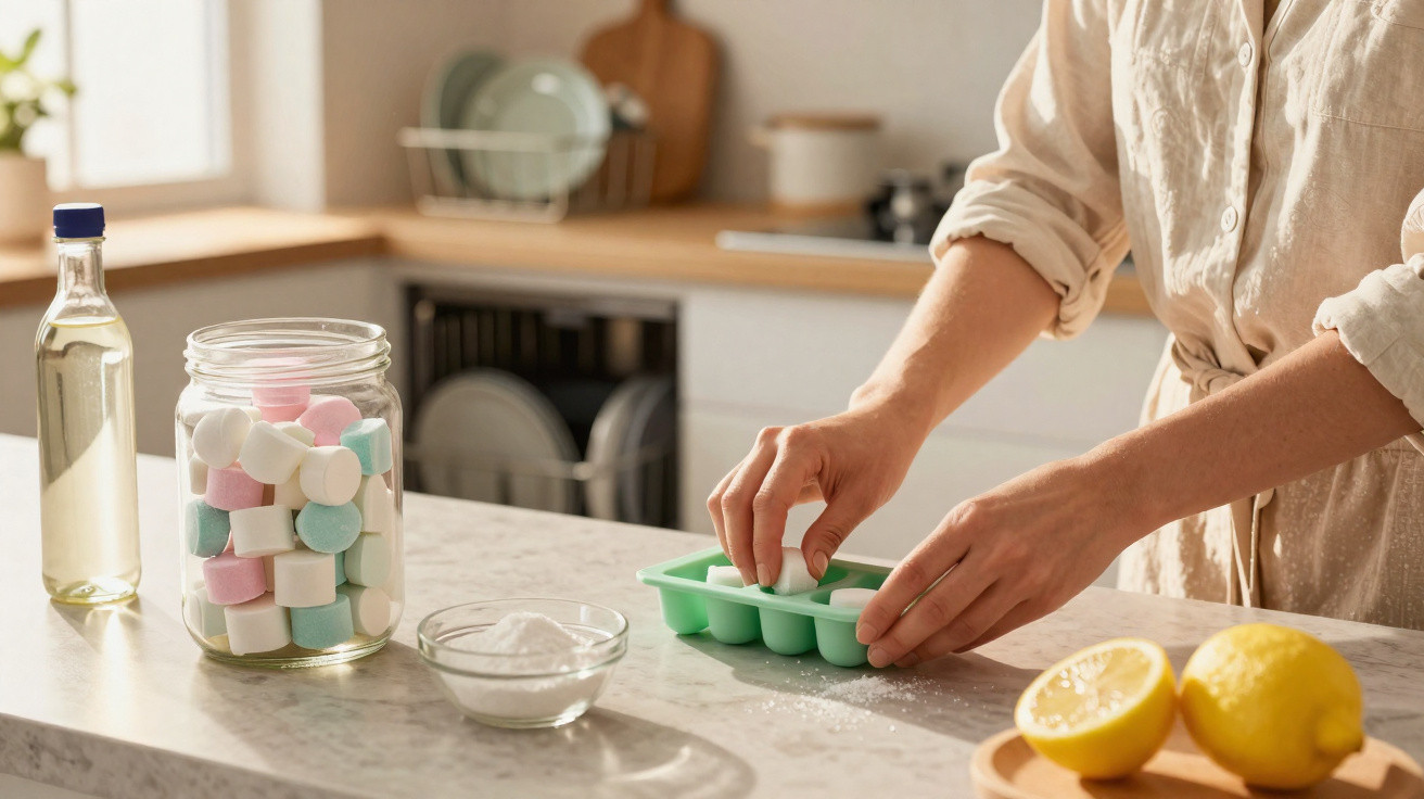 Pessoa a colocar pastilhas efervescentes numa forma de gelo numa cozinha moderna com limões e ingredientes na bancada.