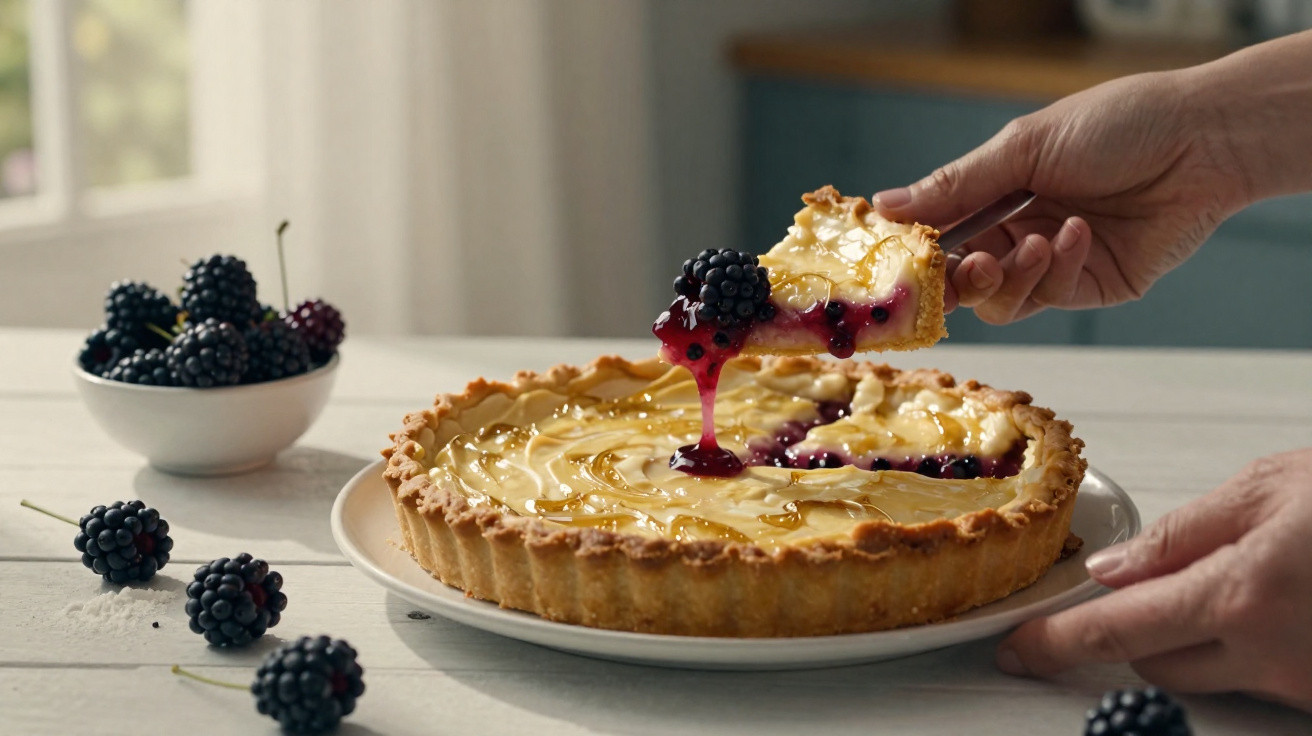 Mãos a servir uma tarte de frutos silvestres com recheio cremoso e cobertura brilhante numa mesa com amoras.