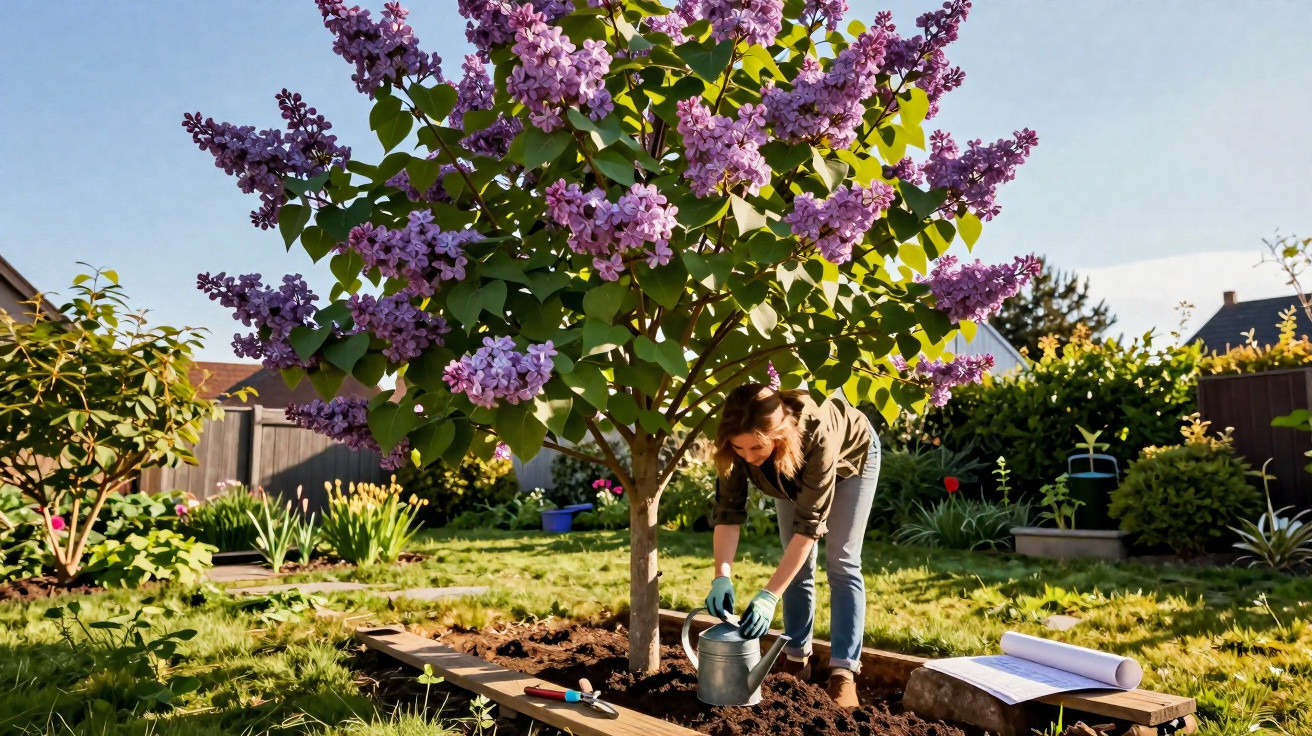 Mulher a regar planta com flores lilases num jardim ensolarado, equipada com luvas de jardinagem.