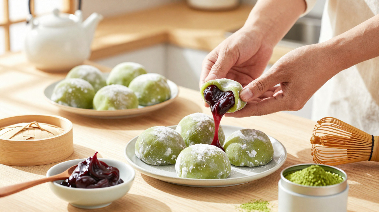 Mãos a partir um mochi verde recheado com creme de chá preto num prato com outros mochis.