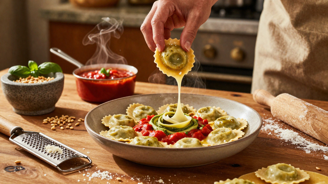 Prato de raviolis servidos com molho de tomate, queijo ralado e pinhões numa cozinha rústica.