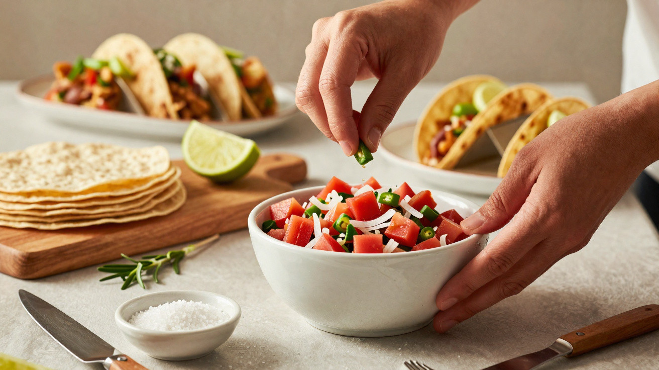 Pessoa a temperar salada de tomate e cebola com pimenta, junto a tacos, tortilhas, e limão numa bancada.