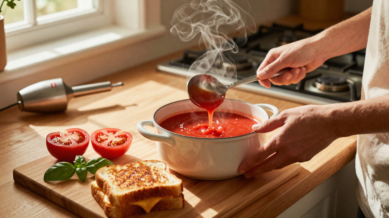Pessoa a servir sopa de tomate quente numa cozinha, com tomate cortado, queijo derretido e manjericão.