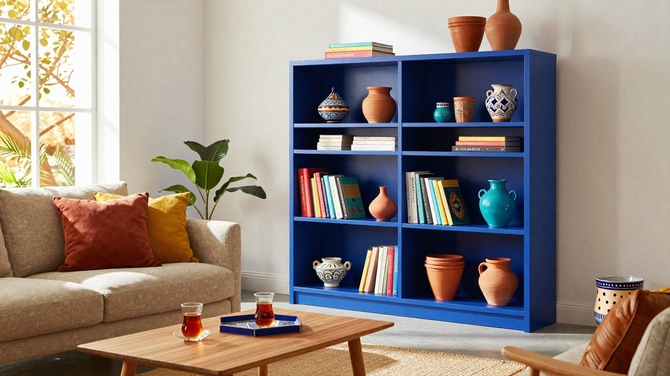 Sala de estar com estante azul cheia de livros e vasos, sofá bege com almofadas coloridas e mesa de café com chá.