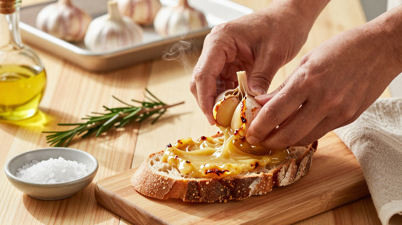 Mãos espremendo alho assado numa fatia de pão rústico com queijo derretido, sal grosso e alecrim ao lado.