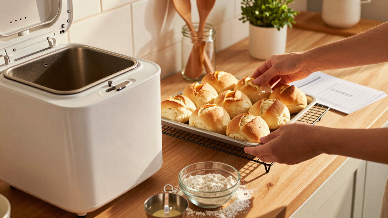 Pessoa a tirar pão fresco acabado de cozer de um tabuleiro na cozinha, com máquina de fazer pão e ingredientes na bancada.