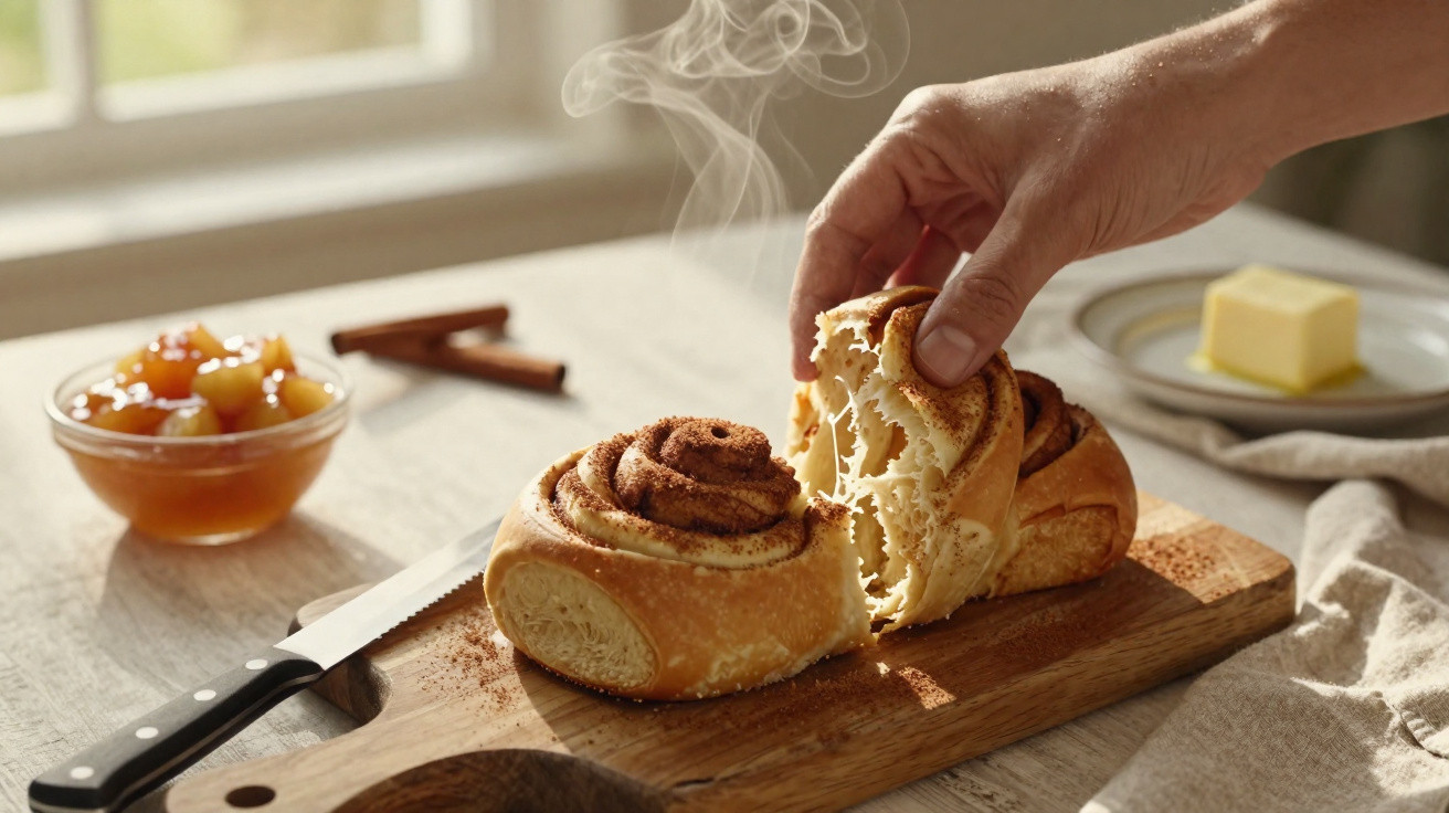 Mão a partir um pãozinho com canela quente sobre tábua de madeira, com manteiga e compota ao fundo.