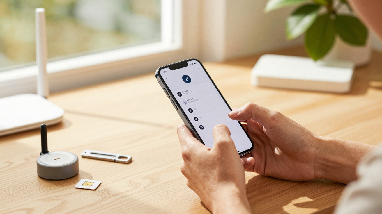 Pessoa a usar smartphone para gerir dispositivos inteligentes numa secretária de madeira com luz natural.