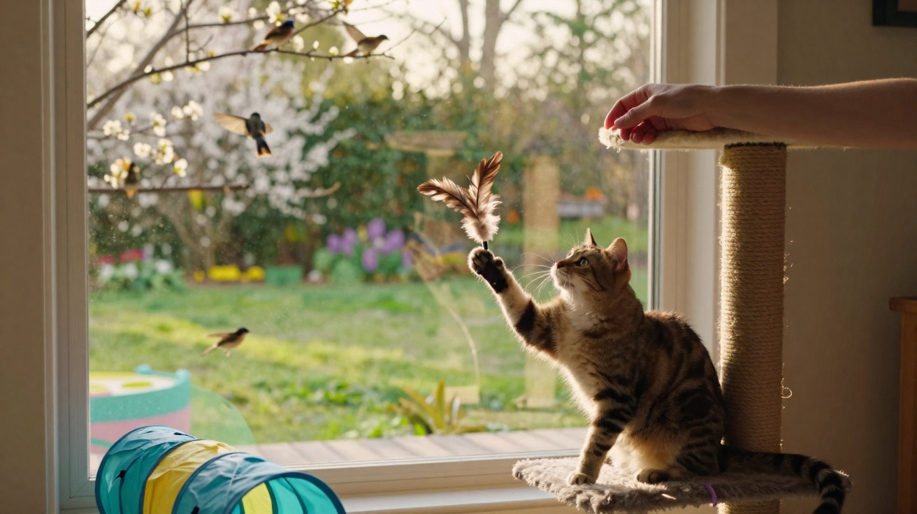 Gato a brincar com uma pena numa janela, com pássaros e jardim ao fundo em dia ensolarado.